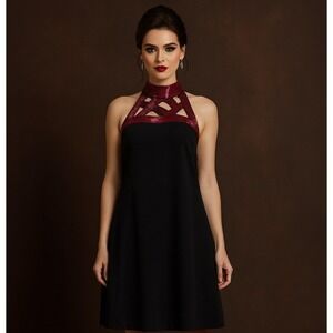 Elegant Black Cocktail Dress Metallic Burgundy Cage Halter Backless SZ Large